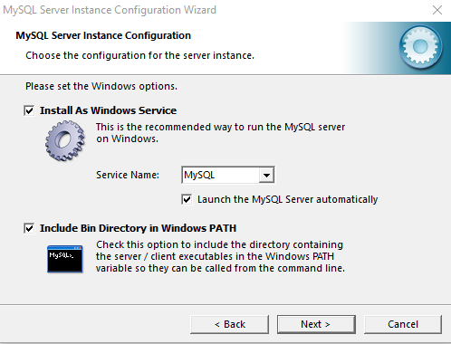 MySQL windows option setup